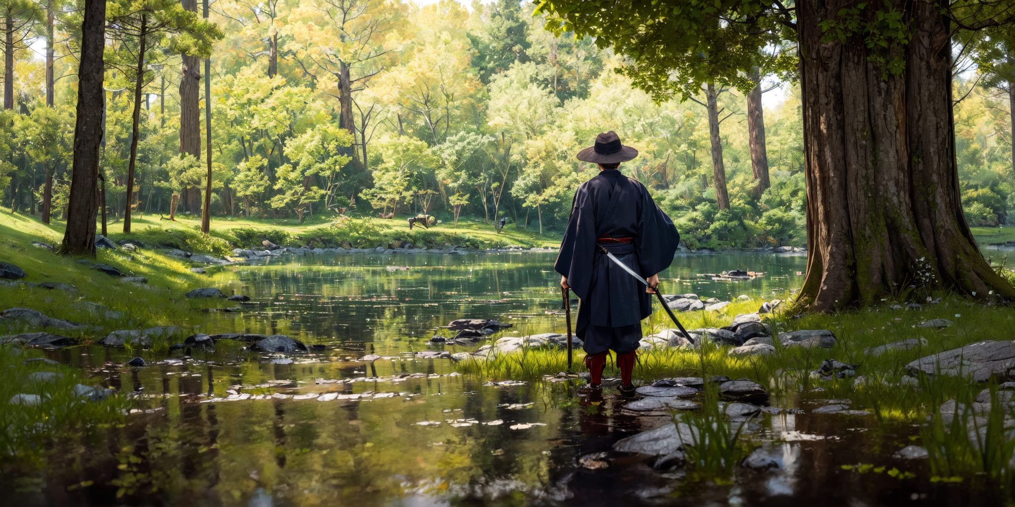 18372-997387808-(masterpiece_1.2), best quality,_weapon, solo, sword, outdoors, 1boy, weapon on back, water, male focus, nature, scenery, tree,.png